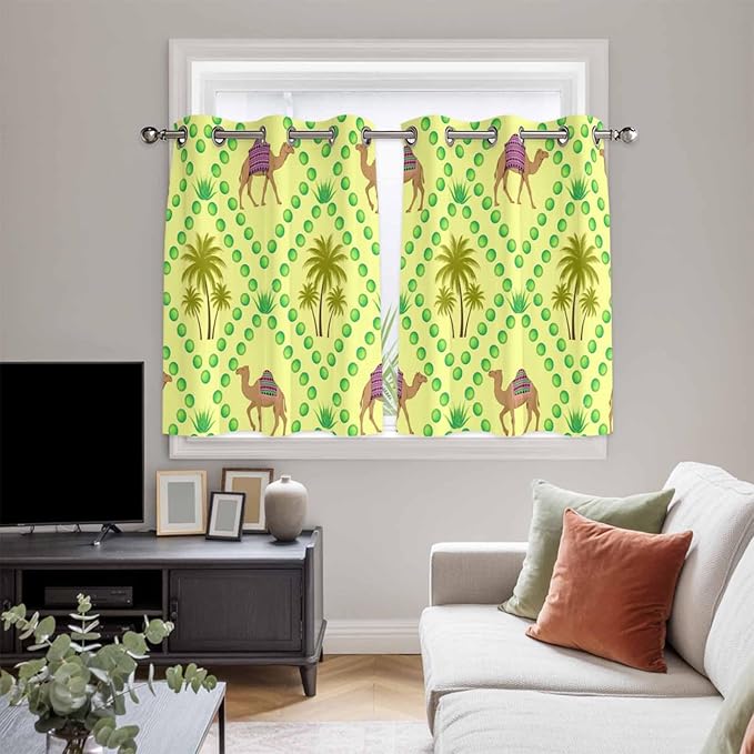 2 Panel Kitchen Cafe Curtains, Desert Sand Camels Sunlight Filtering Nature Air Through, Home Decor Window Covering Tier Curtains for Bedroom Living Room Palm Trees Tropical Plants Polka Dot Yellow