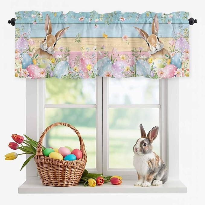 Kitchen Valances for Window, Spring Easter Eggs Rabbit Flower Light Filtering Rod Pocket Valance Curtain, Plant Colorful Wood Grain Short Curtains Window Topper for Bedroom Living Room 42x12in