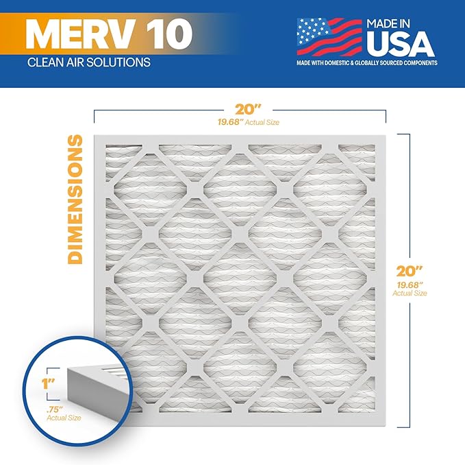 BNX TruFilter 20x20x1 MERV 10 (4-Pack) AC Furnace Air Filter - MADE IN USA - Pleated Air Conditioner HVAC AC Furnace Filters - Removes Odor, Mold, Bacteria, Smoke