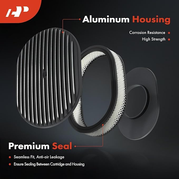 A-Premium Universal 12" Oval Black Air Cleaner Filter Assembly - 8-3/8 "x 2", Oval Black, Full Finned Air Cleaner - Fit For 5-1/8" carburetor neck