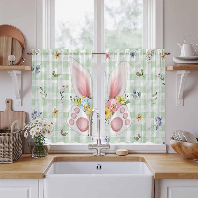 Easter Kitchen Curtains 45 Inch Long 2 Panel Set, Rod Pocket Window Treatment, Spring Bunny Ears Feet Flowers Green Plaid Light Filtering Panels Short Drapes for Bathroom Camper 42"W x 45"L