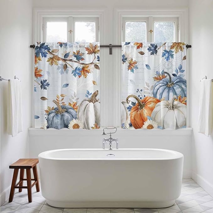 Fall Blue Maple Kitchen Curtains 54 Inch Long 2 Panel Set,Rod Pocket Window Curtains Panels,Thanksgiving Pumpkins Daisy Country Leaves Light Filtering Privacy Draperies for Bedroom Laundry 42"W x 54"L