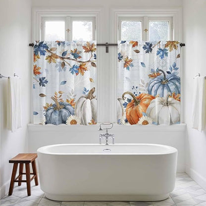 Fall Blue Maple Kitchen Tier Curtains 45 Inch Long 2 Panel Set,Rod Pocket Short Window Treatment,Thanksgiving Pumpkins Daisy Country Leaves Curtains & Drapes for Bathroom Basement 27.5"W x 45"L