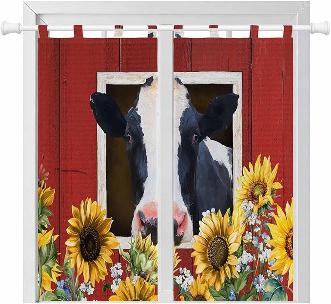 Cow Sunflowers Bathroom Curtains 63 Inch Length, Window Curtains Tab Top, Botanical Floral Leaves Bees Farm Barn Light Filtering Window Treatments Drapes 52"x63" 2 Panel