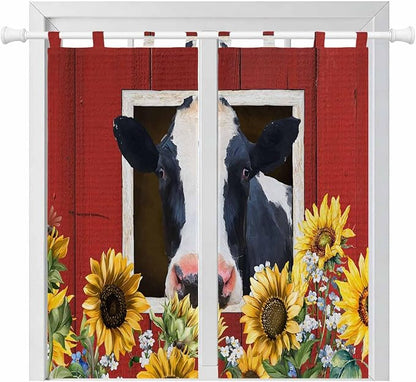 Cow Sunflowers Bathroom Curtains 63 Inch Length, Window Curtains Tab Top, Botanical Floral Leaves Bees Farm Barn Light Filtering Window Treatments Drapes 52"x63" 2 Panel