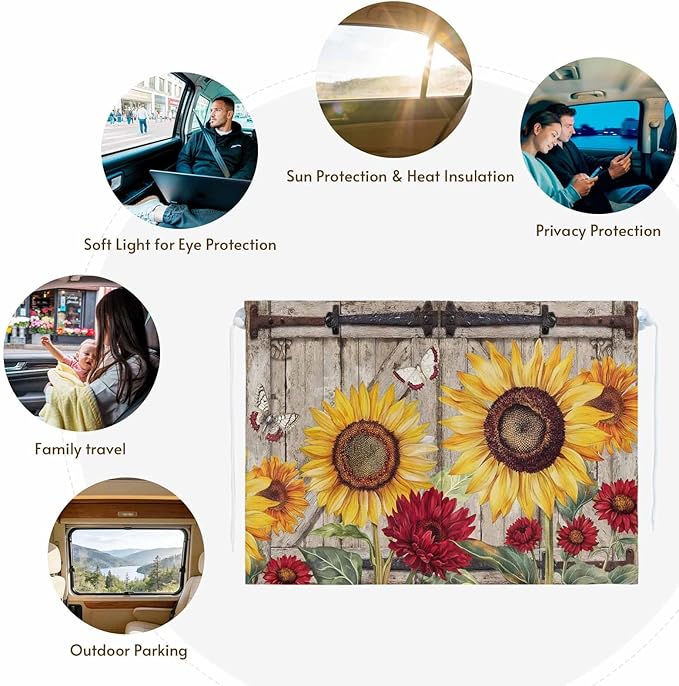 Sunflowers Magnetic Double Layer Car Window Shades,Side Window Curtains for Blackout/Breathable Mesh View,Retro Flower Barn Doors Butterfly Farmhouse Brown Heat Protection Sun Shades 26x20in 2pcs