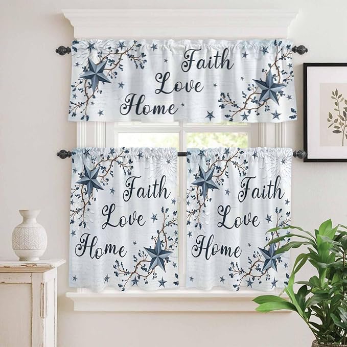 Kitchen Curtains Tiers and Valance Set of 3, Texas Star Country Light Filtering Window Curtain Set, Blue Farmhouse Branches Rod Pocket Curtain Drapes for Cafe, Living Room, 24 Inches Tiers