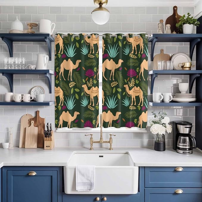 2 Panel Kitchen Cafe Curtains, Retro Desert Camel Sunlight Filtering Nature Air Through, Window Decor Tier Curtains for Living Room 104W x 84L inch Tropical Animal Aloe Vera Leaves Dark Green