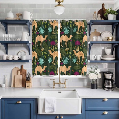2 Panel Kitchen Cafe Curtains, Retro Desert Camel Sunlight Filtering Nature Air Through, Window Decor Tier Curtains for Living Room 104W x 84L inch Tropical Animal Aloe Vera Leaves Dark Green