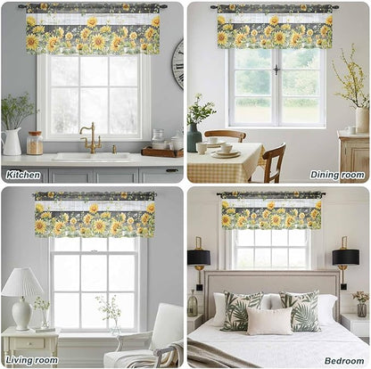 Summer Floral Sheer Valance Curtains, Watercolor Sunflower Eucalyptus Leaves Black Wood Grain Light Filtering Kitchen Valances Rod Pocket Voile Curtain for Bedroom/Living Room/Basement 60Wx18L