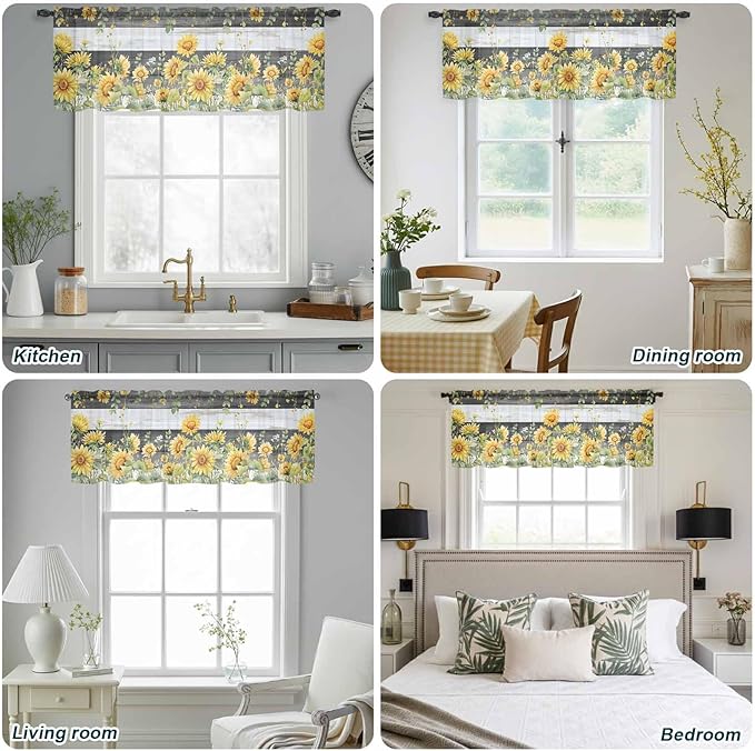 Summer Floral Sheer Valance Curtains, Watercolor Sunflower Eucalyptus Leaves Black Wood Grain Light Filtering Kitchen Valances Rod Pocket Voile Curtain for Bedroom/Living Room/Basement 54Wx18L
