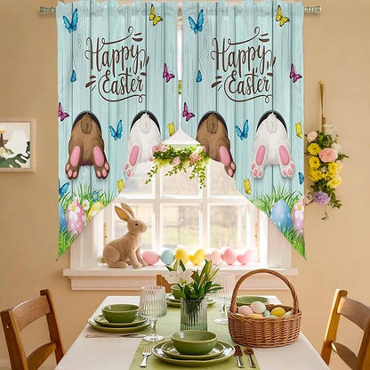 Swag Curtain Valances for Kitchen Windows,Happy Easter Bunny Butt Egg Floral Short Rod Pocket Window Valance,Spring Plant on Aqua Wood Swag Topper for Bedroom Living Room,2 Panels 36x63in