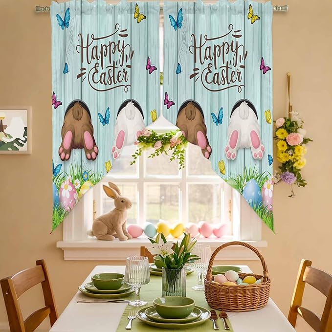 Swag Curtain Valances for Kitchen Windows,Happy Easter Bunny Butt Egg Floral Short Rod Pocket Window Valance,Spring Plant on Aqua Wood Swag Topper for Bedroom Living Room,2 Panels 36x36in