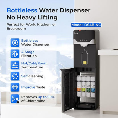 iSpring Bottleless Water Dispenser with Built-in 4-Stage Filtration, Chloramine Removal, Water Cooler Dispenser - Hot, Cold, Room Temp, Self Cleaning, Black，Model: DS4B-NC