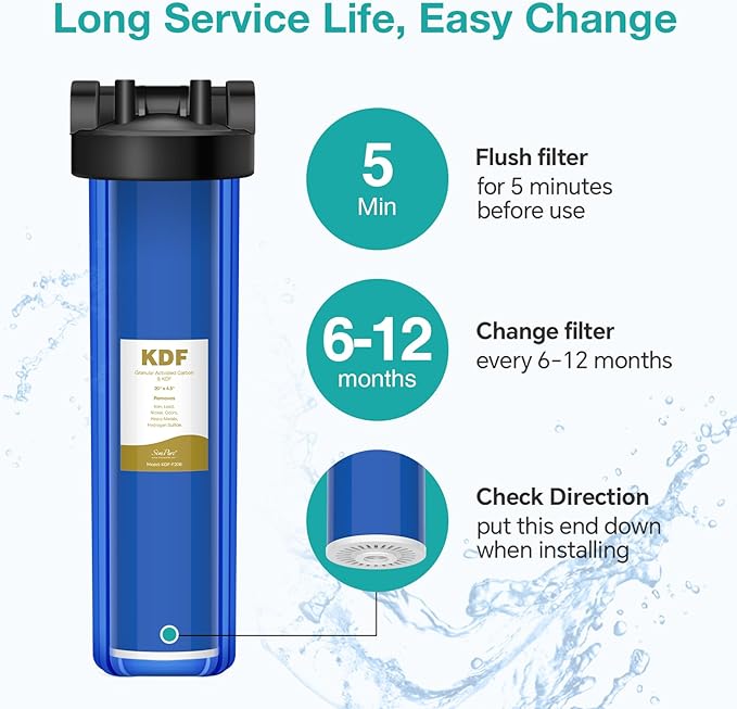 SimPure Whole House Water Filter Cartridges 20" x 4.5" GAC/KDF Carbon and Heavy Metal Filter, For DB20P, WHB20, FG25B-KS, WGB32B-KS, ‎FLTWH2045K, 4 Pack
