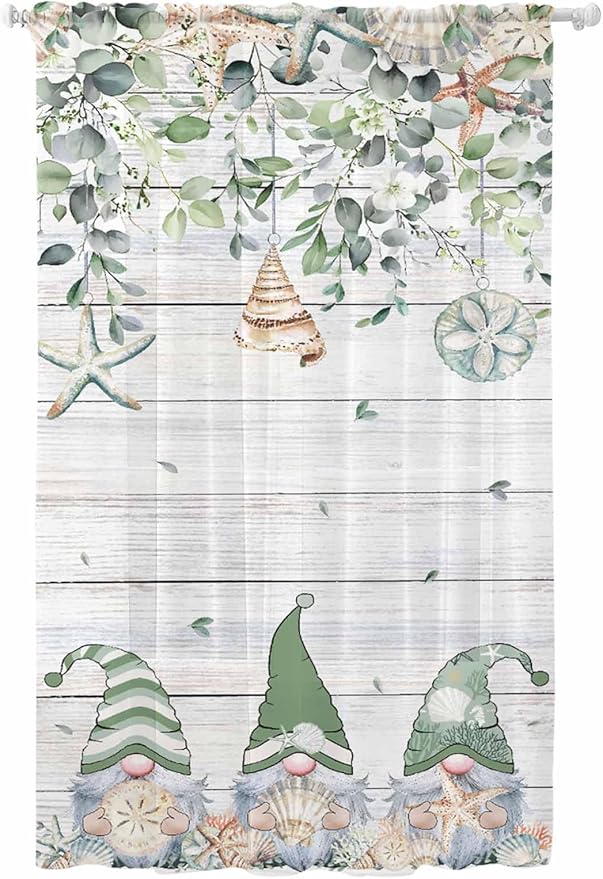 Sheer Curtains 84 Inches Long, Coastal Eucalyptus Leaf Semi Sheer Curtains Light Filtering Window Treatment, Sage Green Gnomes Starfish Privacy Voile Drapes for Living Room Bedroom 52x84 Inch