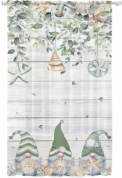 Sheer Curtains 84 Inches Long, Coastal Eucalyptus Leaf Semi Sheer Curtains Light Filtering Window Treatment, Sage Green Gnomes Starfish Privacy Voile Drapes for Living Room Bedroom 52x84 Inch