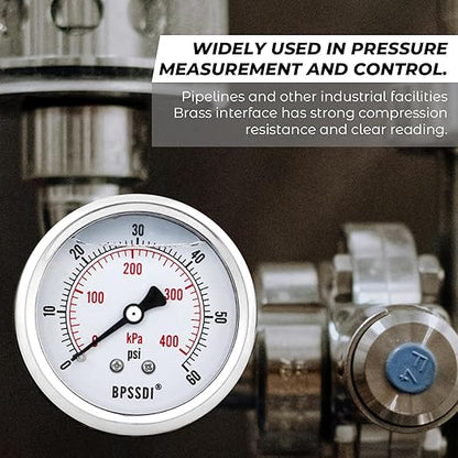 0-60 Psi Glycerin Liquid Filled Low Pressure Gauge, 2.5" Dial Size, 1/4" G Back Mount, 304 Stainless Steel Case, for Water Pipe, HVAC, Water Oil Air Pressure Test
