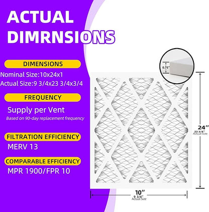 10x24x1 MERV 13 (6-Pack) Pleated Air Filter (Actual Size: 9.5"x23.5"x0.75") MPR 1900 & FPR 10, Furnace Air Filters