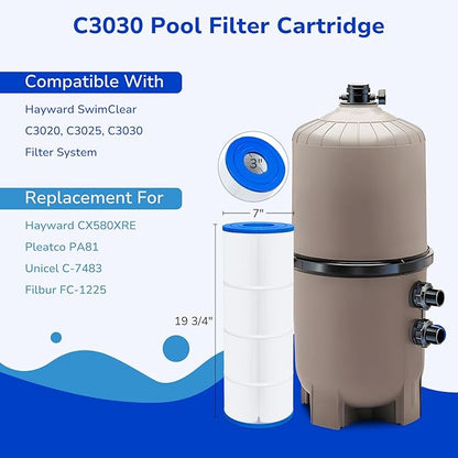 Fil-fresh C3030 Pool Filters Cartridge Compatible with Hayward SwimClear C3030, C3025, C3020, Replaces Hayward CX580XRE, Pleatco PA81, Unicel C-7483, 4×81 sq. ft, 4-Pack