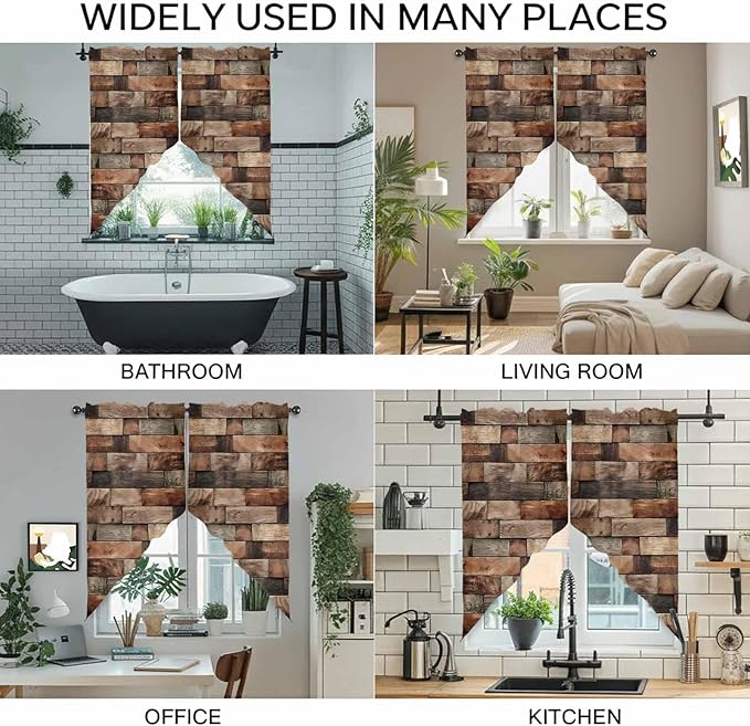 Western Barn Door Swag Valances for Windows, Vintage Farmhouses Wooden Door Brown Rod Pocket Kitchen Curtains Valance, Kitchen Window Curtains Swag for Cafe Bathroom Living Room, 2 Panels, 36x45 inch