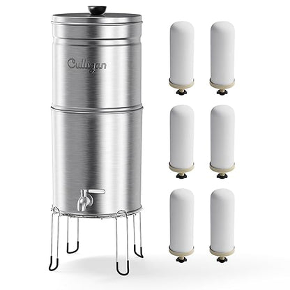 Culligan MaxClear 3 Gallon Gravity Water Filter System, Brushed Stainless-Steel Countertop Water Filter NSF/ANSI Certified to Reduce Microplastics, Lead & Total PFAS, with 6 Ceramic Filters