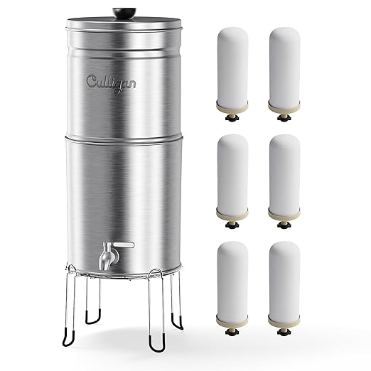 Culligan MaxClear 3 Gallon Gravity Water Filter System, Brushed Stainless-Steel Countertop Water Filter NSF/ANSI Certified to Reduce Microplastics, Lead & Total PFAS, with 6 Ceramic Filters