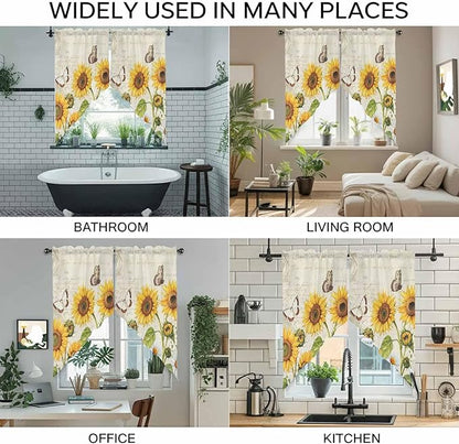 Farm Sunflowers Swag Valances for Windows, Retro Flowers Butterfly Botanical Beige Rod Pocket Kitchen Curtains Valance, Small Window Curtains Swag for Cafe Bathroom Living Room, 2 Panels, 36x36 inch