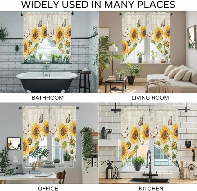 Farm Sunflowers Swag Valances for Windows, Retro Flowers Butterfly Botanical Beige Rod Pocket Kitchen Curtains Valance, Kitchen Window Curtains Swag for Cafe Bathroom Living Room, 2 Panels, 36x63 inch