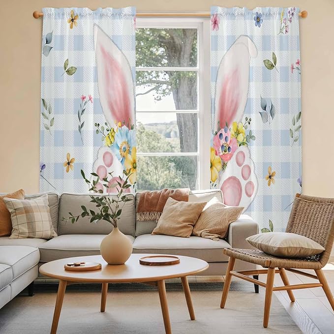 Easter Window Curtains 72 Inch Long 2 Panel Set, Rod Pocket Long Curtains & Drapes, Spring Rabbits Ears Feet Floral Blue Lattice Light Filtering Window Treatment for Bedroom Living Room 52"W x 72"L