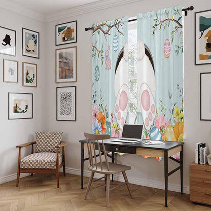 Easter Bunny Window Curtains 72 Inch Long 2 Panel Set,Rod Pocket Long Curtains & Drapes,Easter Eggs Spring Farmhouse Wood Grain Teal Blue Light Filtering Window Treatment for Bedroom 52"W x 72"L