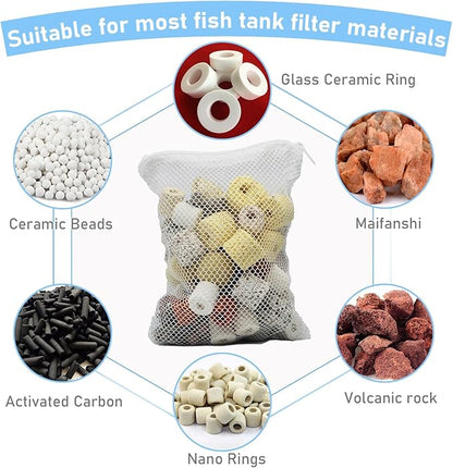 10PCS Aquarium Filter Media Bags with Drawstring Zipper, Reusable Fine Mesh Bags for Activated Carbon, Bio Balls, Ceramic Rings, Substrate, Fish Tank Filter Accessories