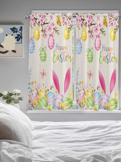Happy Easter Bedroom Curtains 63 Inches length, Spring Farmhouse Bunny Eggs Flower Beige Window Treatment Curtain Drapes, Rod Pocket Curtain Panels for Living Room Kitchen, 42"x63", 2 Panels