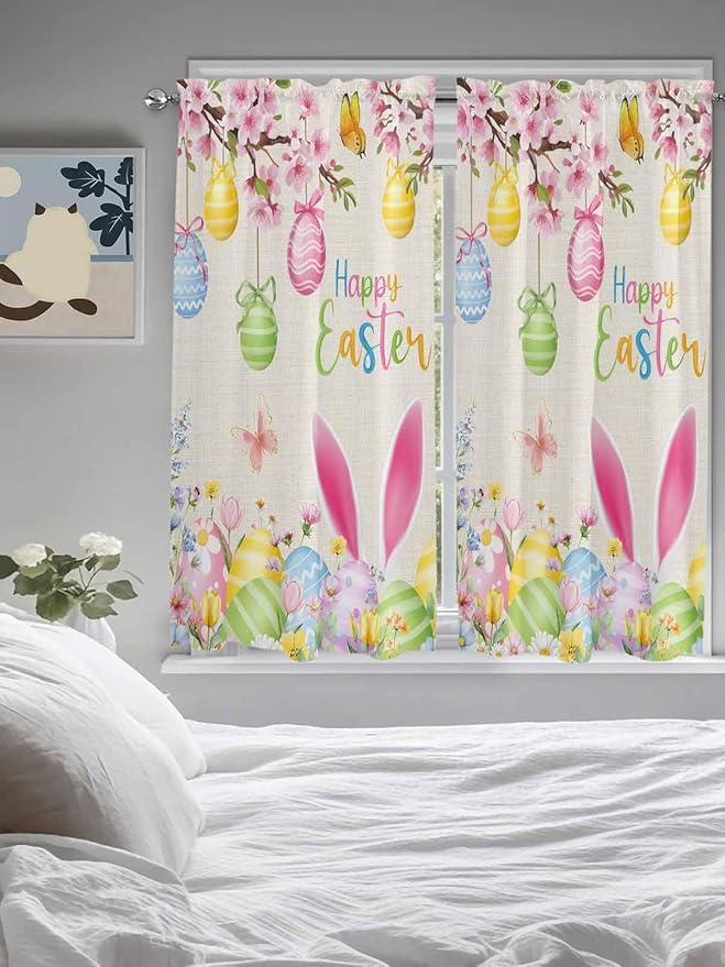 Happy Easter Living Room Curtains 72 Inches length, Spring Farmhouse Bunny Eggs Flower Beige Window Treatment Curtain Drapes, Light Filtering Drapes for Bedroom Laundry Room, 52"x72", 2 Panels