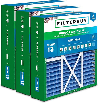 Filterbuy 16x20x5 Air Filter MERV 13 Optimal Smoke & Allergy Defense (3-Pack), Pleated HVAC AC Furnace Filters for Honeywell FC100A1003, Lennox X0592, and More (Actual Size: 15.75 x 19.75 x 4.38)