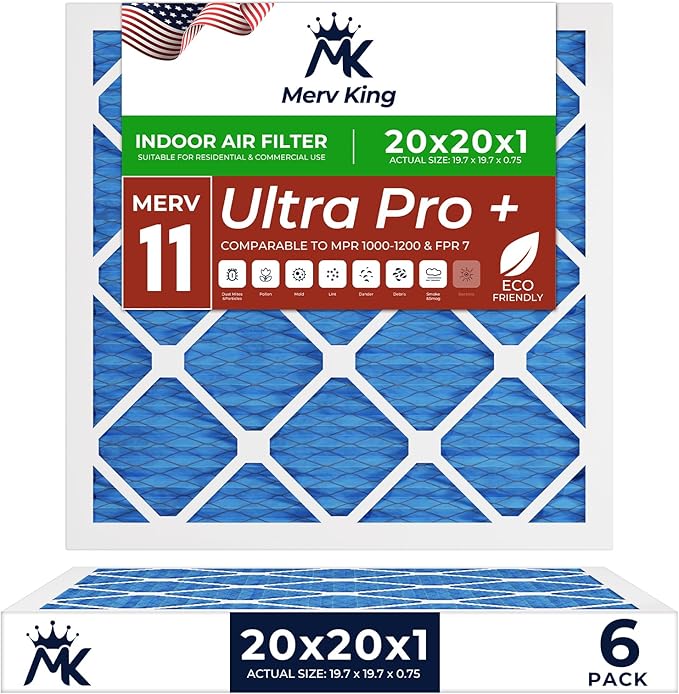 MervKing 20x20x1 Air Filter Actual Size: 19.7" x 19.7" x 0.75" MERV 11 MPR 1000-1200 | MADE IN USA | 6-Pack | Pleated HVAC AC Furnace Replacement