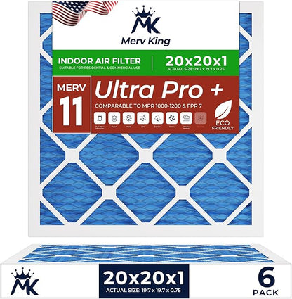 MervKing 20x20x1 Air Filter Actual Size: 19.7" x 19.7" x 0.75" MERV 11 MPR 1000-1200 | MADE IN USA | 6-Pack | Pleated HVAC AC Furnace Replacement