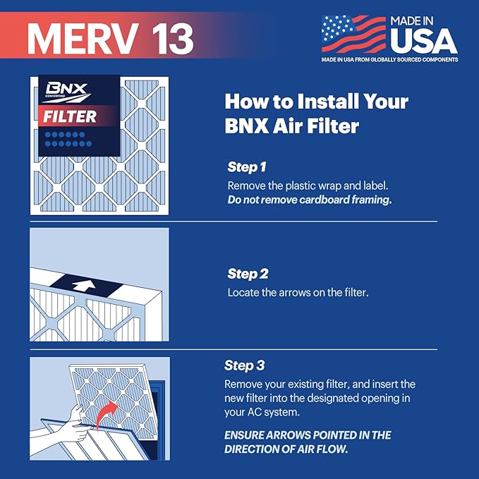 BNX TruFilter 16x20x1 Air Filter MERV 13 (6-Pack) - MADE IN USA - Electrostatic Pleated Air Conditioner HVAC AC Furnace Filters for Allergies, Pollen, Mold, Bacteria, Smoke, Allergen, MPR 1900 FPR 10