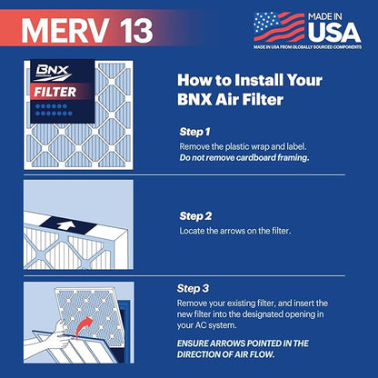 BNX TruFilter 16x20x1 Air Filter MERV 13 (6-Pack) - MADE IN USA - Electrostatic Pleated Air Conditioner HVAC AC Furnace Filters for Allergies, Pollen, Mold, Bacteria, Smoke, Allergen, MPR 1900 FPR 10