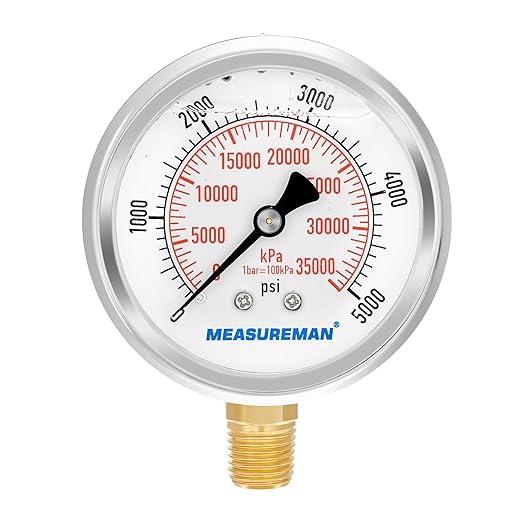MEASUREMAN 2-1/2inch Dial Size, Liquid Filled Hydraulic Pressure Gauge, 0-5000psi/kpa, 304 Stainless Steel Case, 1/4inchNPT Lower Mount