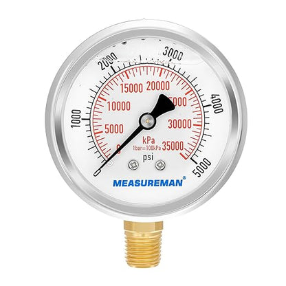 MEASUREMAN 2-1/2inch Dial Size, Liquid Filled Hydraulic Pressure Gauge, 0-5000psi/kpa, 304 Stainless Steel Case, 1/4inchNPT Lower Mount