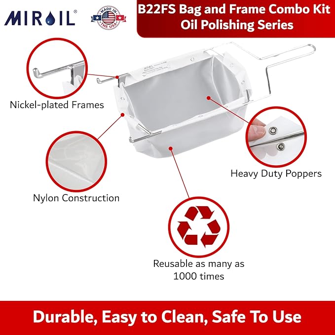 MirOil B22FS Fryer Oil Filter Bag & Frame Combo, Extends Life, Polish Hot & Cold Cooking Oil for Filtration for Deep Fryers, Fits on Top of Fryer Filter Pot, Pail and Storage Container for Restaurants