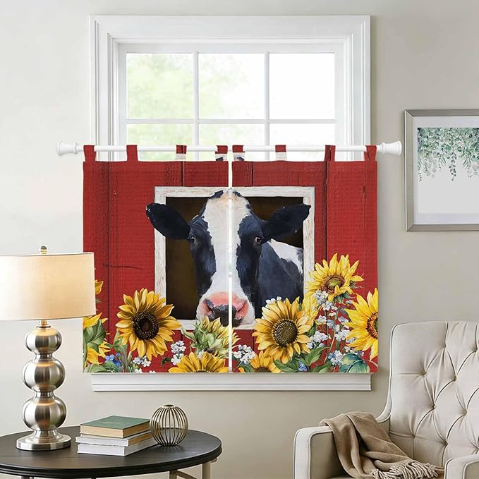 Cow Sunflowers Bedroom Curtains 63 Inch Length, Window Curtains Tab Top, Botanical Floral Leaves Bees Farm Barn Light Filtering Window Treatments Drapes 42"x63" 2 Panel
