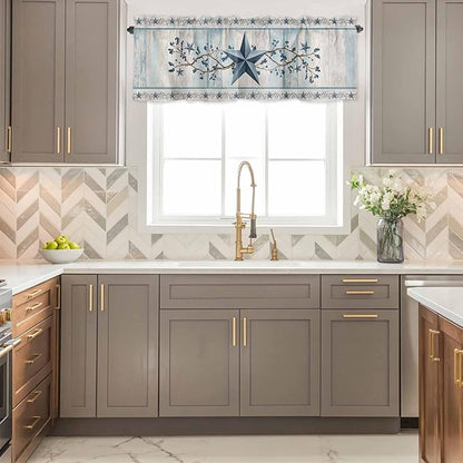 Blue Texas Star Valances for Windows, Vintage Star Berry Blue Beige Wood Grain Kitchen Valance Light Filtering Rod Pocket Short Curtains for Kitchen Bathroom, 1 Panel, 56"x16"
