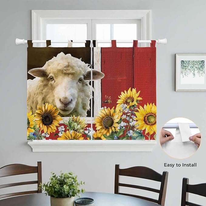 Sheep Flowers Bedroom Curtains 63 Inch Length, Window Curtains Tab Top, Country Red Barn Botanical Sunflowers Light Filtering Window Treatments Drapes 42"x63" 2 Panel