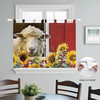 Sheep Flowers Bedroom Curtains 63 Inch Length, Window Curtains Tab Top, Country Red Barn Botanical Sunflowers Light Filtering Window Treatments Drapes 42"x63" 2 Panel