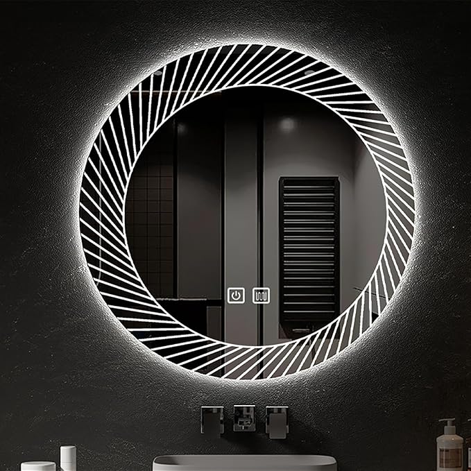 31.5 Inch LED Round Bathroom Mirror,Wall Mounted Multifunction Bathroom Vanity Mirror with Led Three-Color Light and Demister Pad, Circular Wall Mounted Vanity Mirror for Home Bathrooms,Shopping Malls
