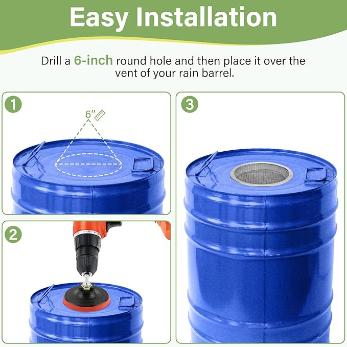 6" Rain Water Barrel Screen Filter - Rain Berral Vent Aluminum Mesh Cover for Rainwater Collection System, Keep Mosquitos and Debris Out of Rain Water Drum