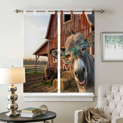 Farm Donkeys Living Room Curtains 84 Inch Length, Window Curtains Tab Top, Farmhouse Barn Funny Animals Butterfly Light Filtering Window Treatments Drapes 42"x84" 2 Panel