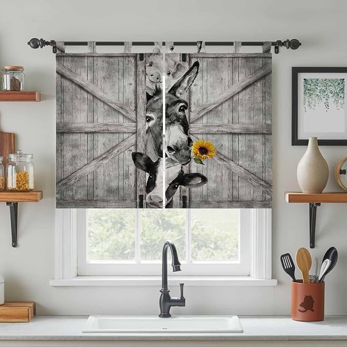 Funny Farm Animals Bedroom Curtains 63 Inch Length, Window Curtains Tab Top, Vintage Barn Grey Sunflowers Light Filtering Window Treatments Drapes 42"x63" 2 Panel